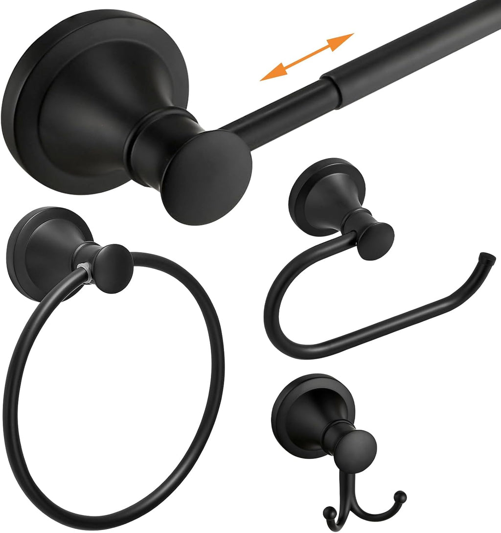 Hoimpro Matte Black 4-Piece Bathroom Bath Set, Wall Mount Bathroom Hardware Fixture (Adjustable Towel Bar Rack, Towel Ring Holder, Paper Towel Holder, Double Towel Hook), Bathroom Accessories