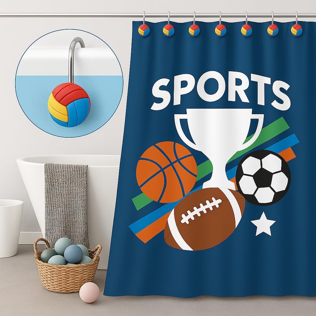 Colorful Volleyball Shower Curtain Hooks Set of 12 - Resin Sports Themed Bathroom Hooks, Fun Decorative Accessories for Sports Fans