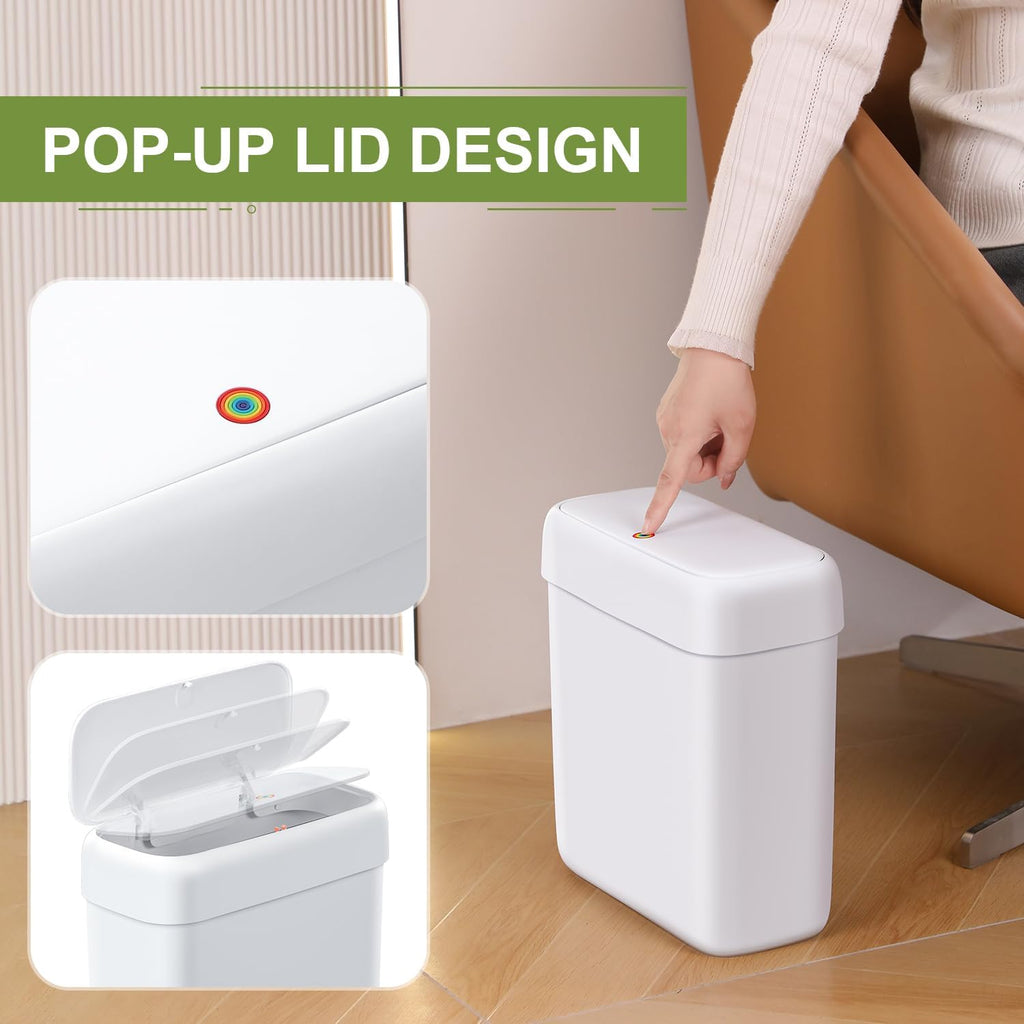funest Trash Can with Lid, 3.3 Gallons/10.3 Qt Garbage Can with Press Top, Small Trash Can Dog Proof, Plastic Trash Bin, Waste Basket for Rv Bathroom Kitchen Bedroom Office White