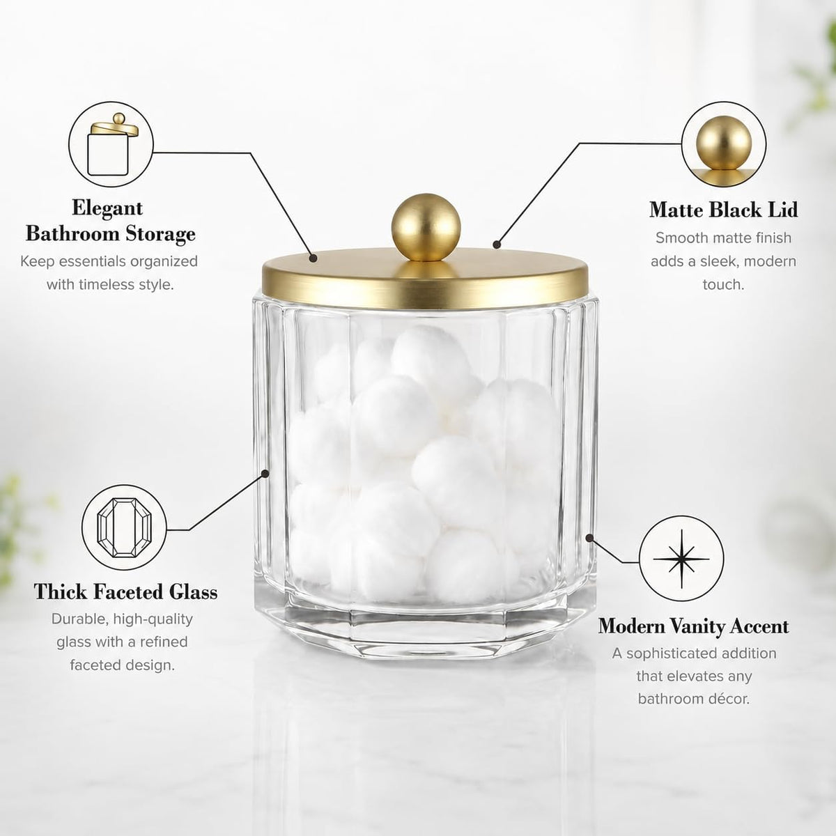 Clear Transparent Apothecary Octagional Shaped Glass Canister Jar With Gold Metal Lid Cover for Bathroom Organization, Cotton Balls, Q Tips, and Small Accessories, Bathroom Storage