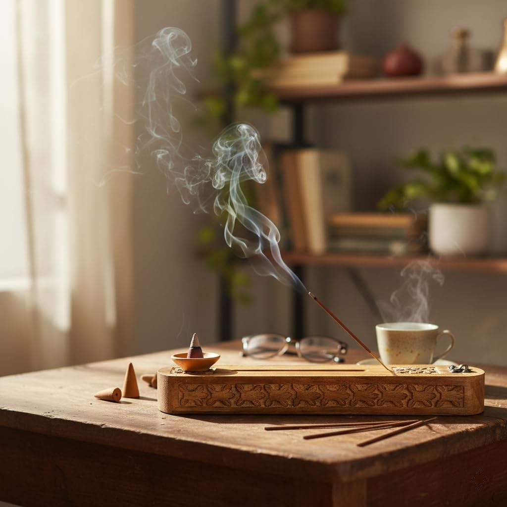 Handmade Wooden Incense Burner & Storage Box Set with 45 Incense Sticks & 21 Cones – Ayurveda Vata Pitta Kapha Aromatherapy Holder with Ceramic & Wooden Stand, Meditation Gift Set