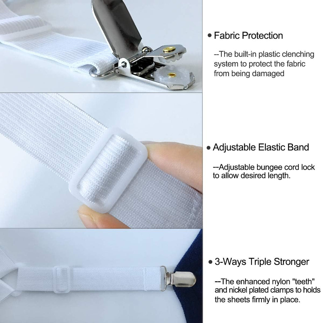 Bed Sheet Holders Straps Fasteners - 4 Pcs Triangle Sheet Fasteners Fitted Sheet Corner Holder Elastic Adjustable Band Sheet Holders Clip Suspenders Grippers(White)