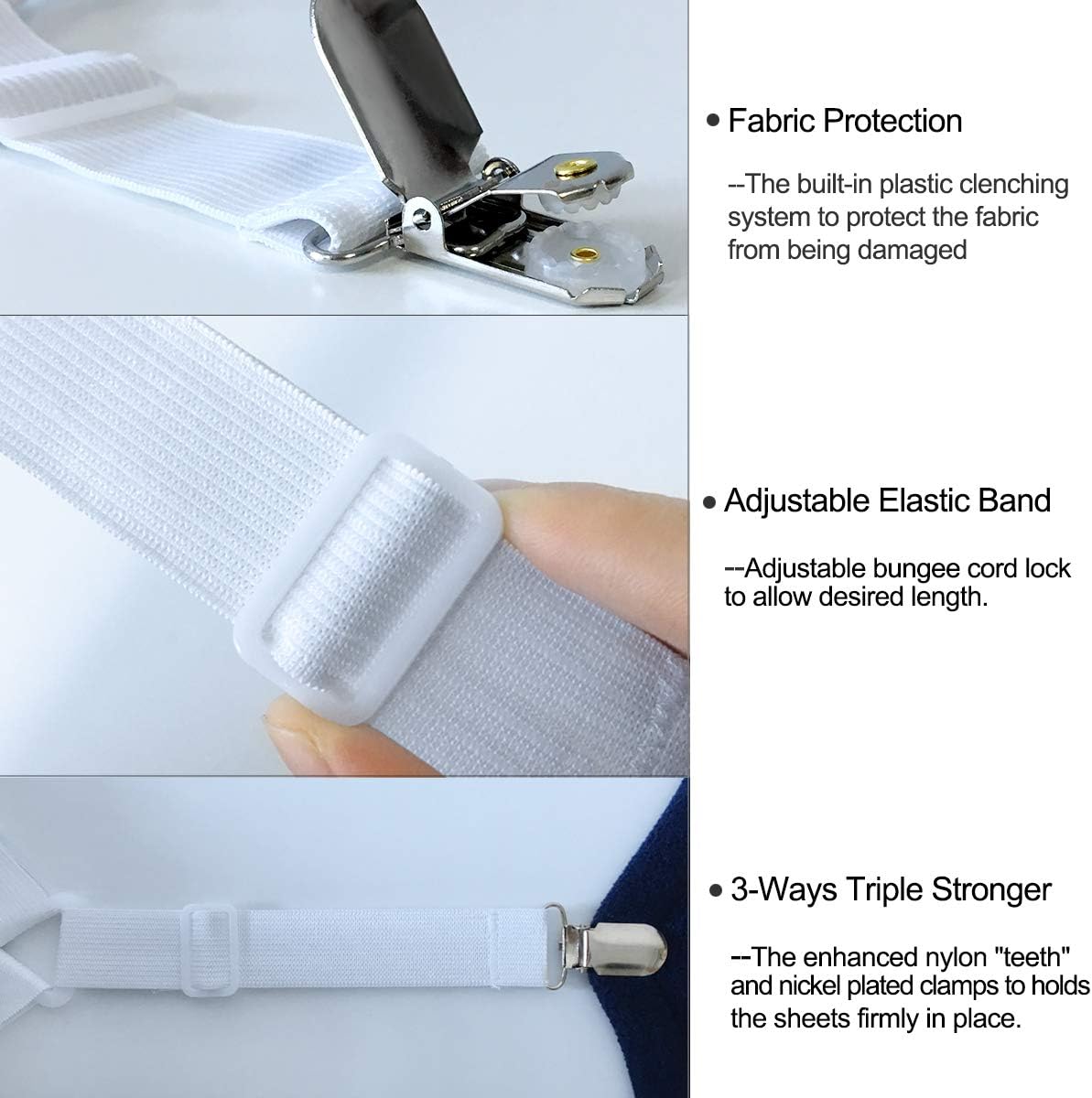 Bed Sheet Holders Straps Fasteners - 4 Pcs Triangle Sheet Fasteners Fitted Sheet Corner Holder Elastic Adjustable Band Sheet Holders Clip Suspenders Grippers(White)