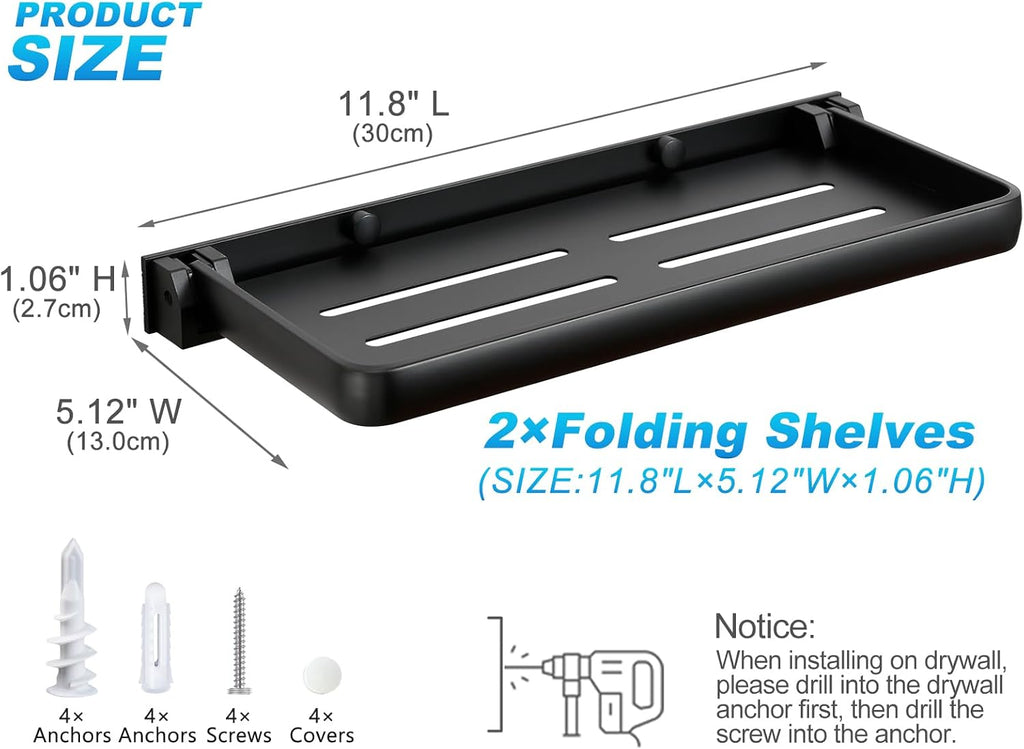 Small Folding Wall Shelf for Bathroom & RV - 90° Fold Up and Waterproof, Small Floating Metal Shelf for Laundry Room, Toilet Room & Sink Side, Aluminum, Save Space (2-Pack, Black)