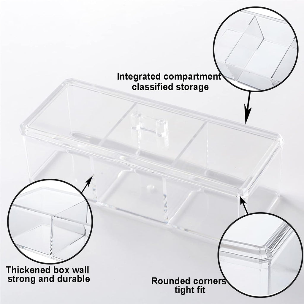 Square Qtip Holder Dispenser, 3 Compartments Cotton Ball Holder with Lid
