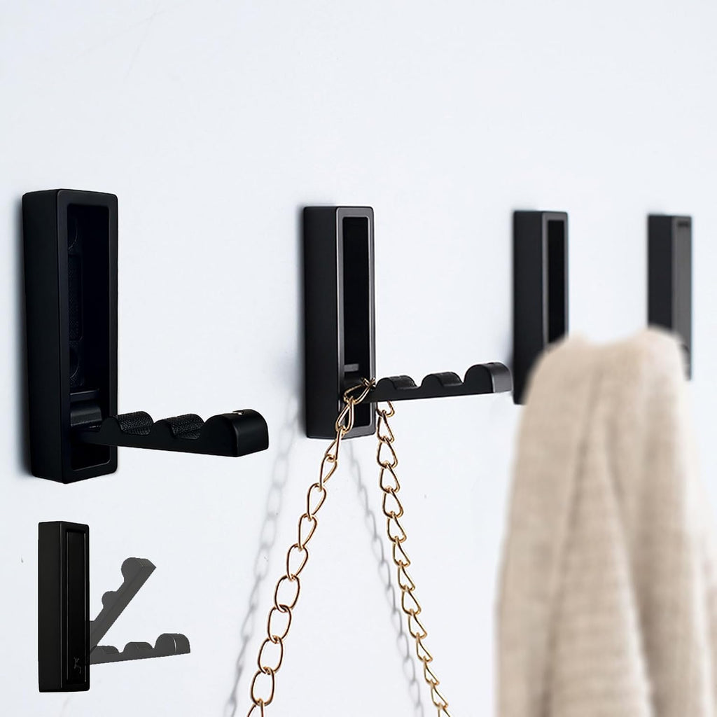 Foldable Black Wall Hooks 4 Pack,Heavy Duty Wall Hooks for Hanging Coats Towels Backpacks Bags Matte Black Towel Hooks in The Bathroom,Closet,Entryway,Pool and Kitchen. (Matte Black, 4)