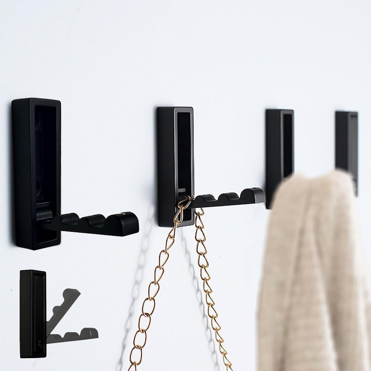Foldable Black Wall Hooks 4 Pack,Heavy Duty Wall Hooks for Hanging Coats Towels Backpacks Bags Matte Black Towel Hooks in The Bathroom,Closet,Entryway,Pool and Kitchen. (Matte Black, 4)