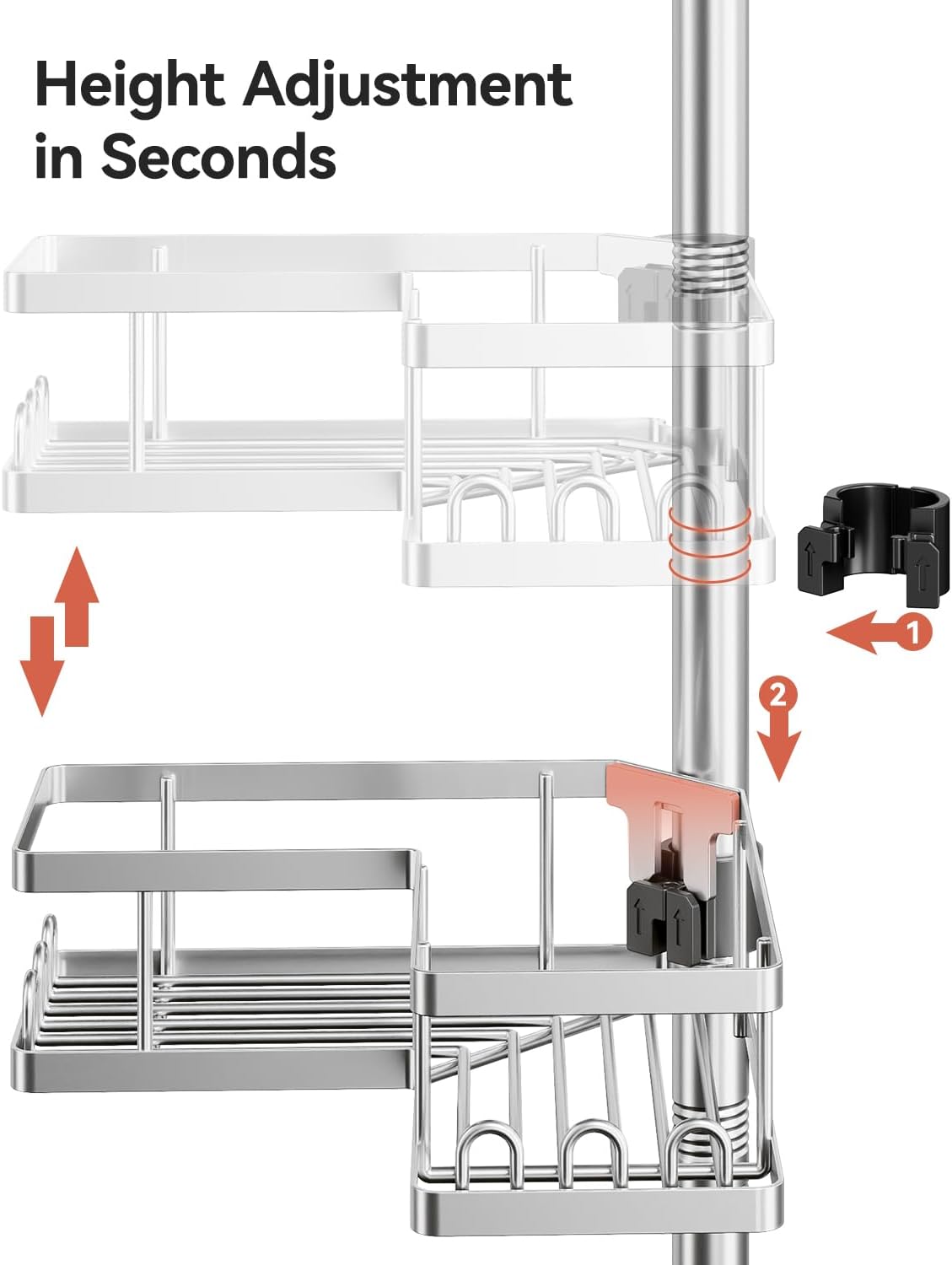 YASONIC Corner Shower Caddy Tension Pole, Adjustable Shower Shelves, Rust-Resistant Shower Organizer, No-Drill 3-Step Installation, Bathroom Shelves for Renters & Family, Silver