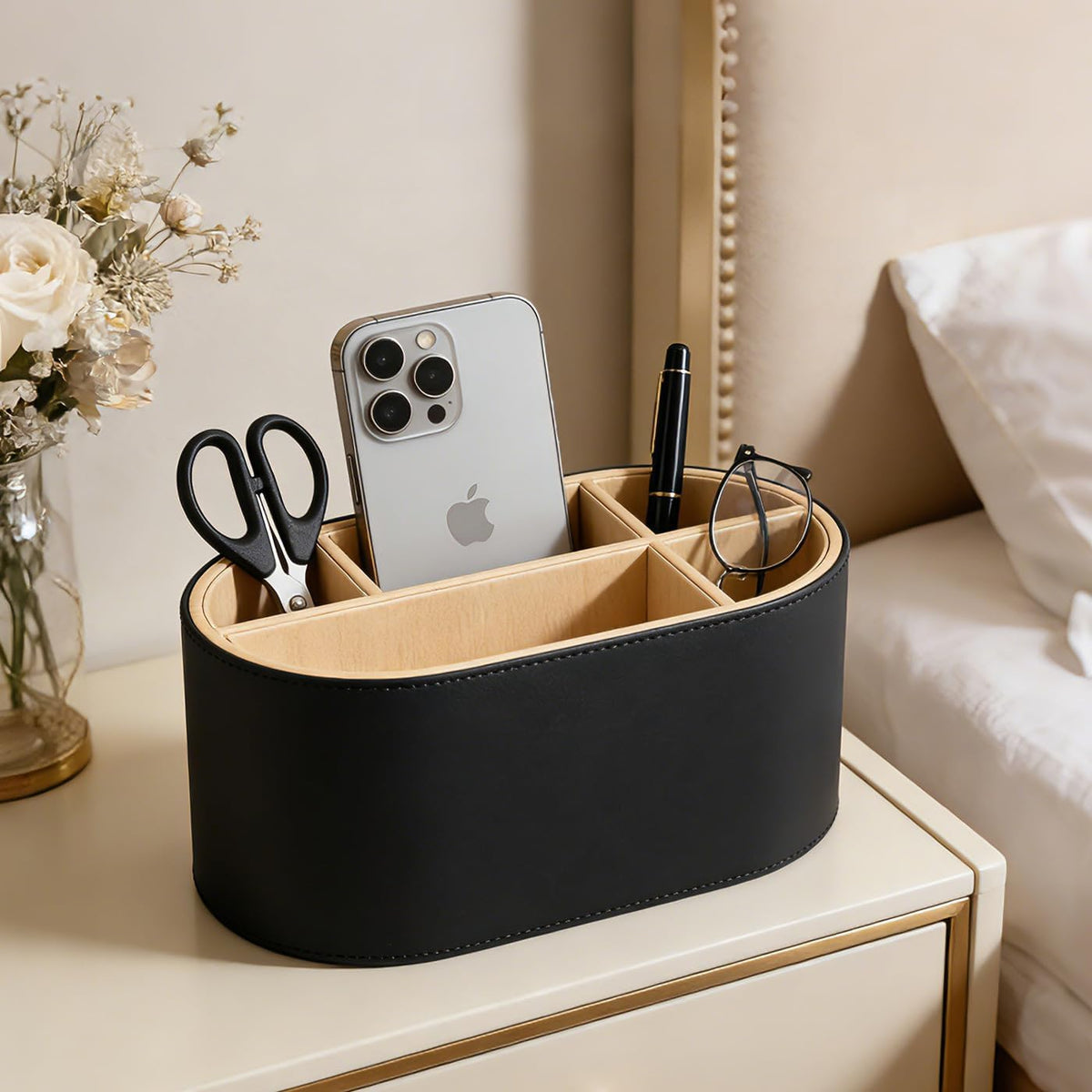 KINGFOM PU Leather Desk Organizer with Multi Compartments, Desktop Caddy Holder for Remote Controls, Pens, Makeup Brushes, Office Accessories (Black)