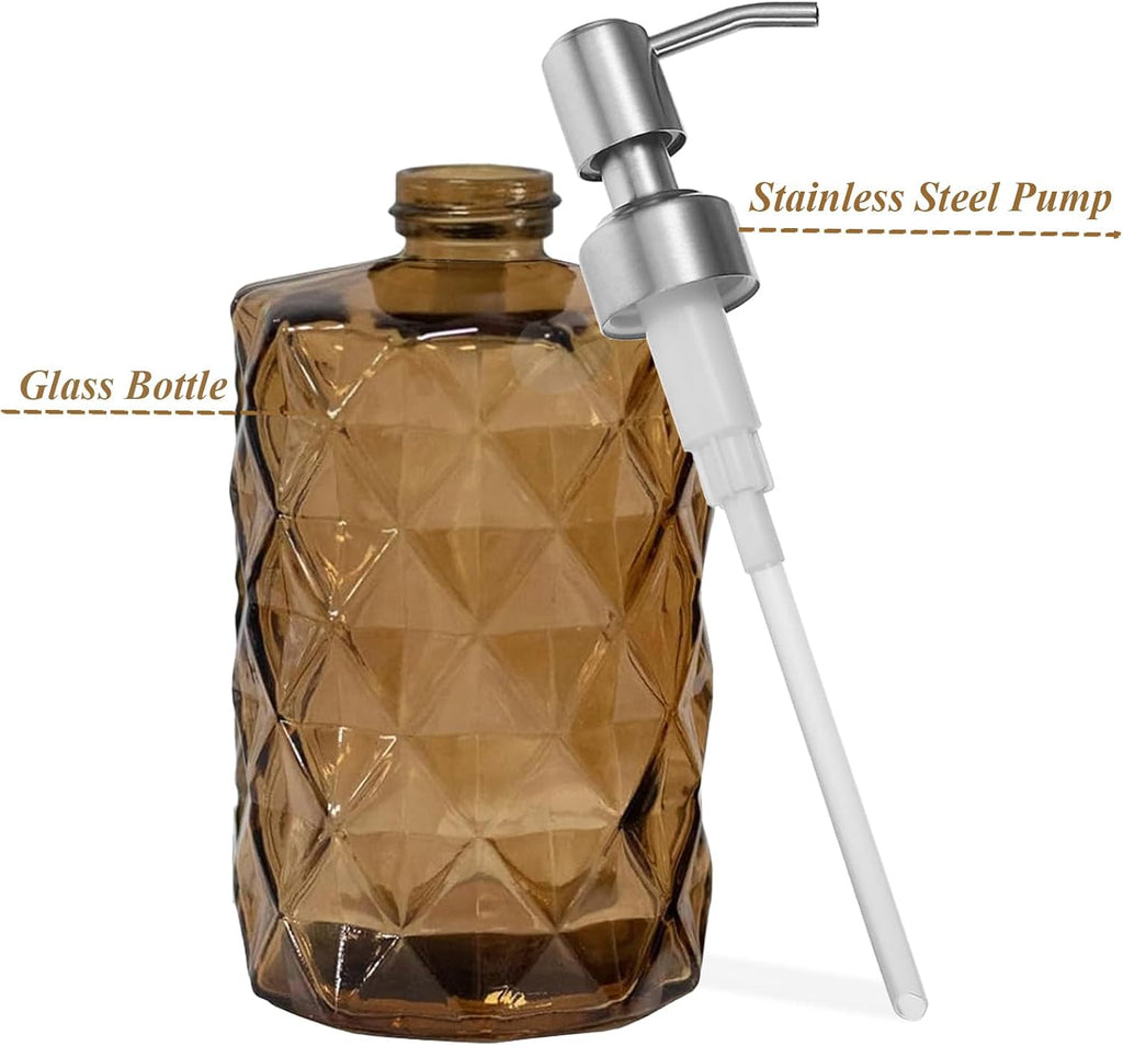 12Oz Brown Glass Soap Dispenser, Liquid Hand Bottle, Stainless Steel Pump