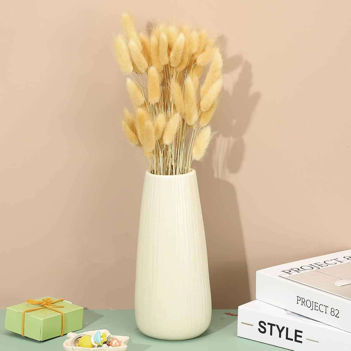 PATIKIL 15.7in Bunny Tails Dried Flowers, 120pcs Pampas Grass Decor Rabbit Tail Natural Pampas Grass Bulk Fluffy Faux Pampas Grass Dried for Home Boho Decor Vase Wedding Table, Beige