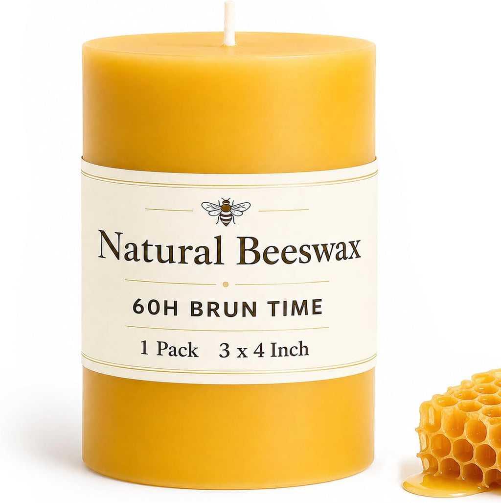 Beeswax Pillar Candles Bulk,Non-Toxic, 3X 4inch 1 Packs 60 Hours