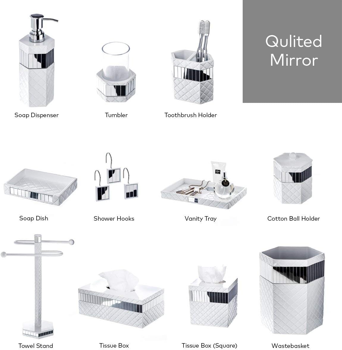 Creative Scents Quilted Mirror 6 Piece Bathroom Accessories Set