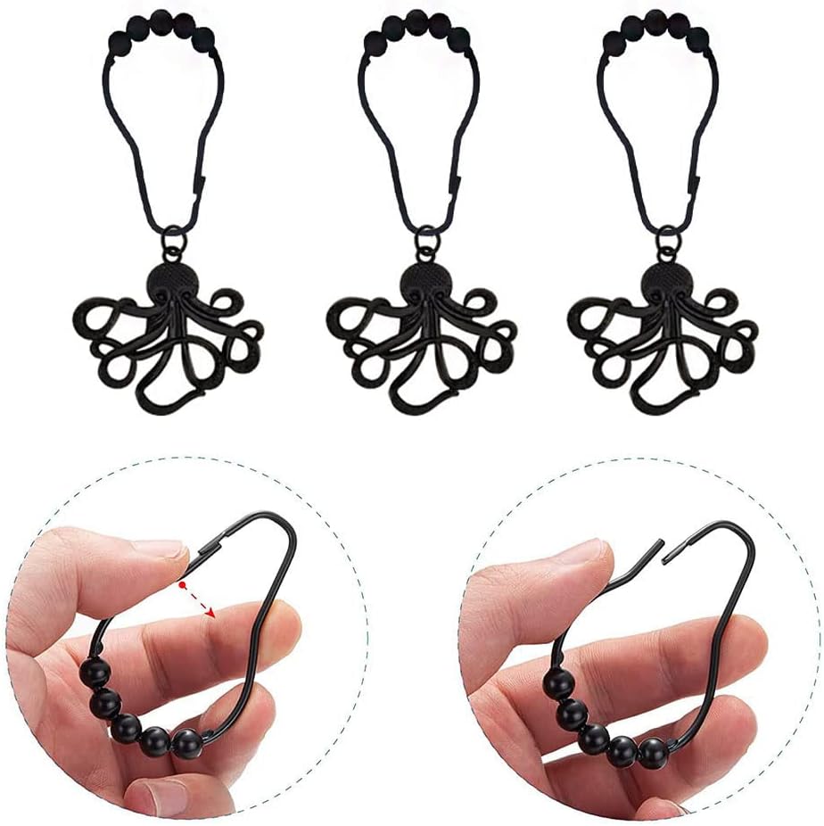 12Pcs Decorative Octopus Shower Curtain Hooks for Bathroom Rod, Black