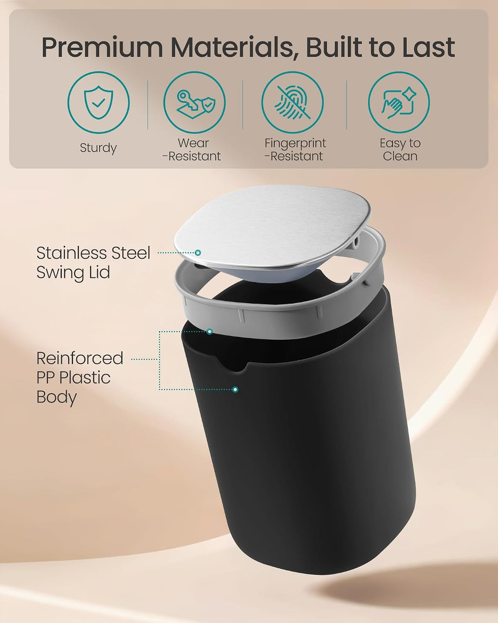SONGMICS Mini Desk Trash Can, Round, Stainless Steel Swing Lid, 0.7 Gal.