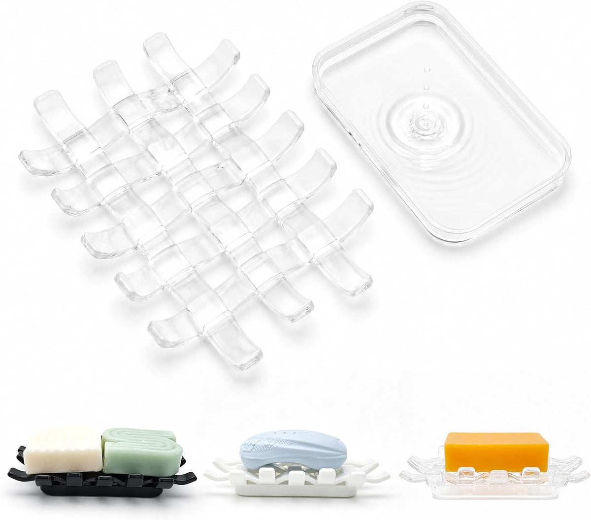 1 Pack Woven Design Self Draining Clear Soap Dish for Bathroom Sink, Double-Layer Shower Soap Holder with Removable Drip Tray for Kitchen Counter, Plastic Shower Soapdish for Bar Soap & Sponge