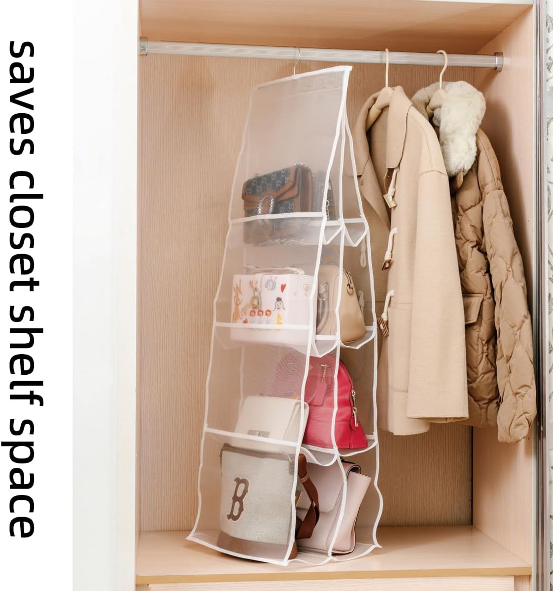 Hanging Purse Organizer for Closet Handbags Storage 2 Pack 8 Pockets and 6 Pockets Purse Organizer with Metal Hooks - White Nylon