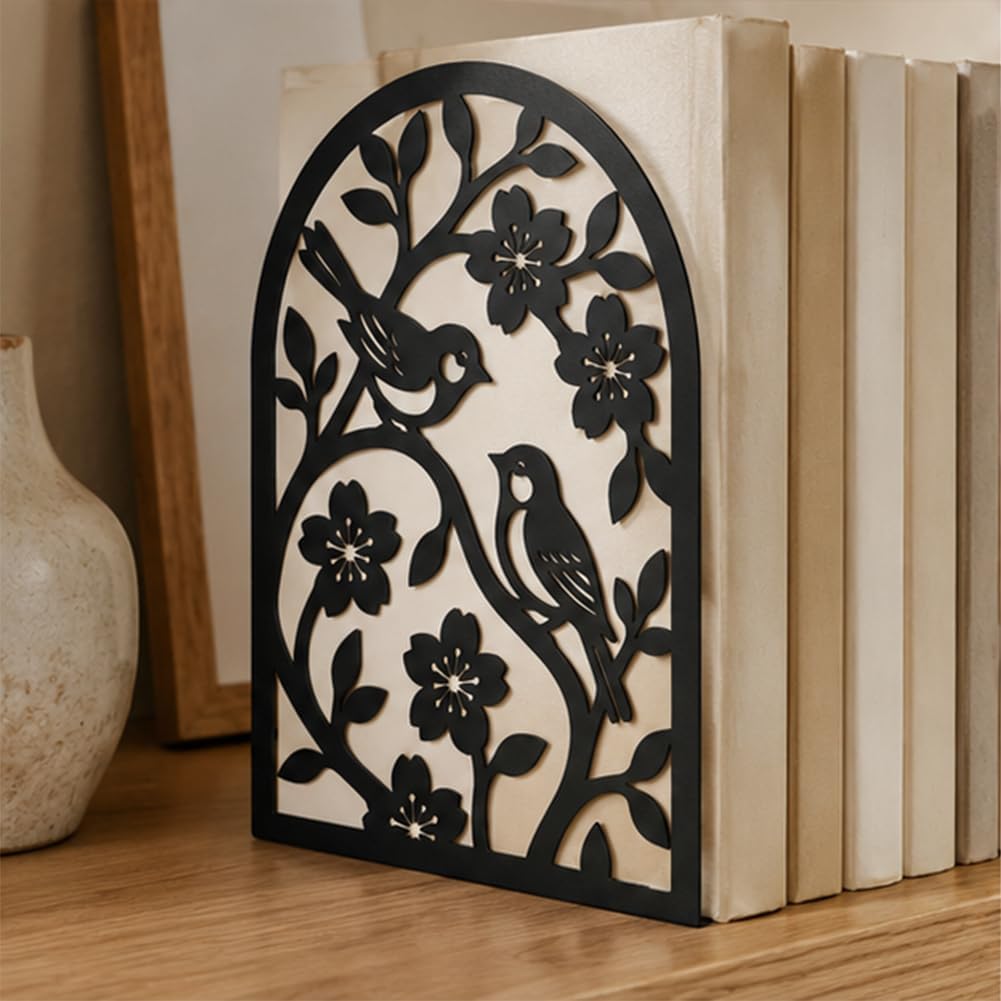 1 Pairs Flower & Birds Design Black Metal Bookends for Shelves