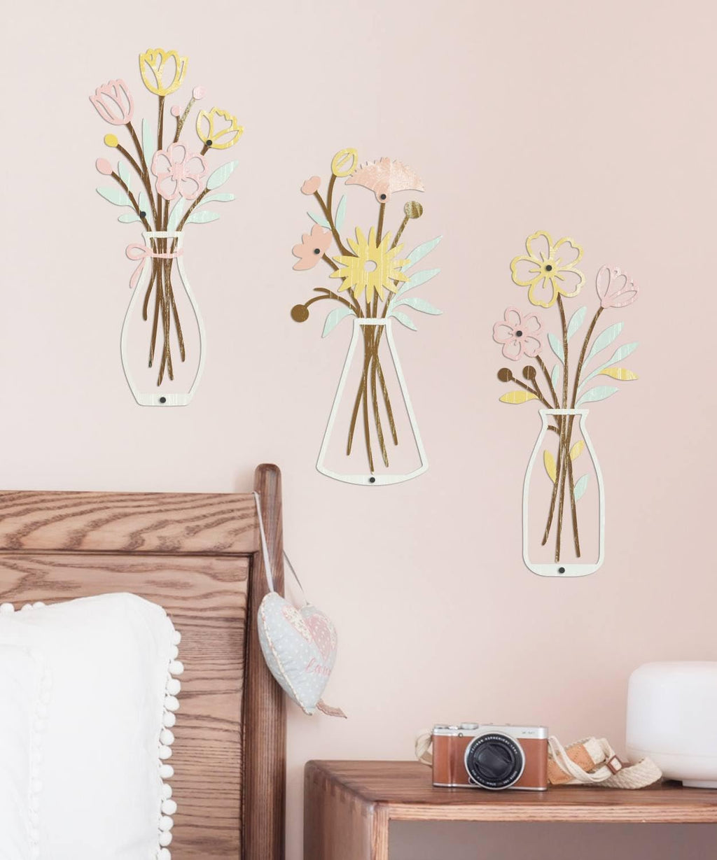 Putuo Decor Metal Flower Vase Wall Art, 3 Pieces Rustic Minimalist Floral Farmhouse Wall Decor for Living Room Bathroom Kitchen, Bedroom Dining Room, Housewarming Gifts