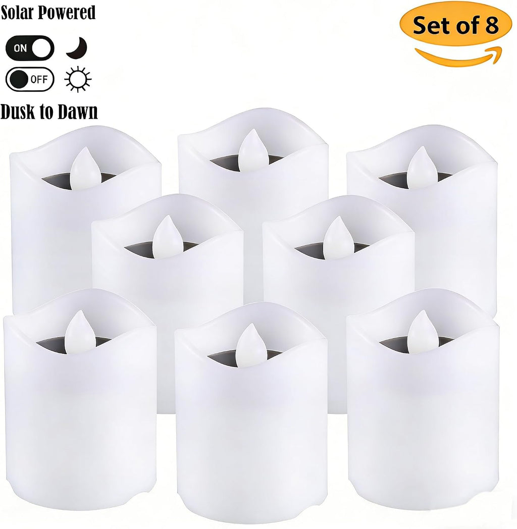 Solar Candles Outdoor Waterproof, 8pcs Rechargeable Dusk to Dawn Little Votive Candles, Flameless Flickering Solar Tea Lights for Patio Yard Deck Pathway Window Outdoor Lantern Decor (Warm Amber)
