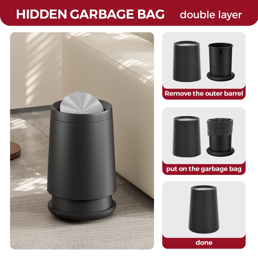 10L/2.6Gal Black Bathroom Trash Can with FILP Lid