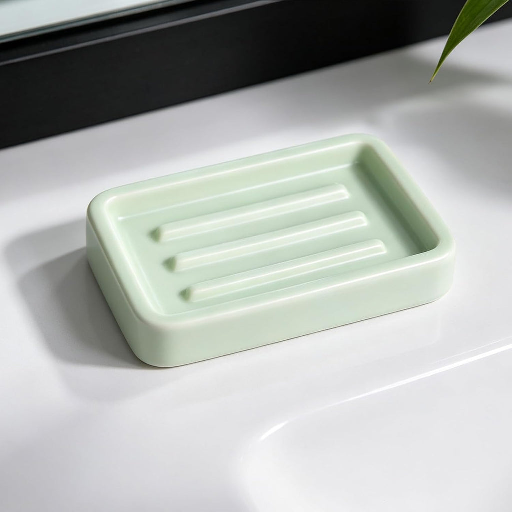 Matte Ceramic Soap Dish with Raised Ridges, Rectangle Bar Soap Holder for Bathroom Counter, Shower and Kitchen Sink, Mint