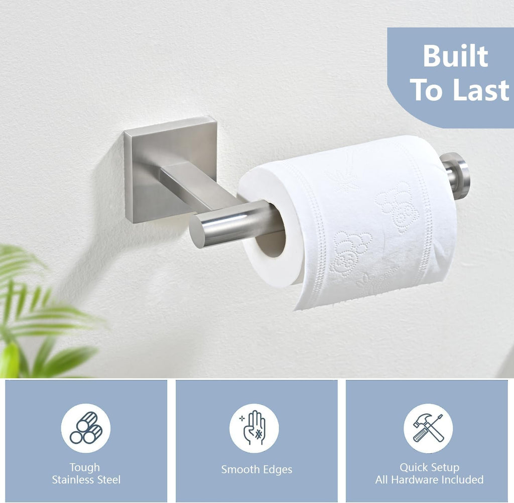 Toilet Paper Holder Set with 2 Robe Hooks, Brushed Nickel