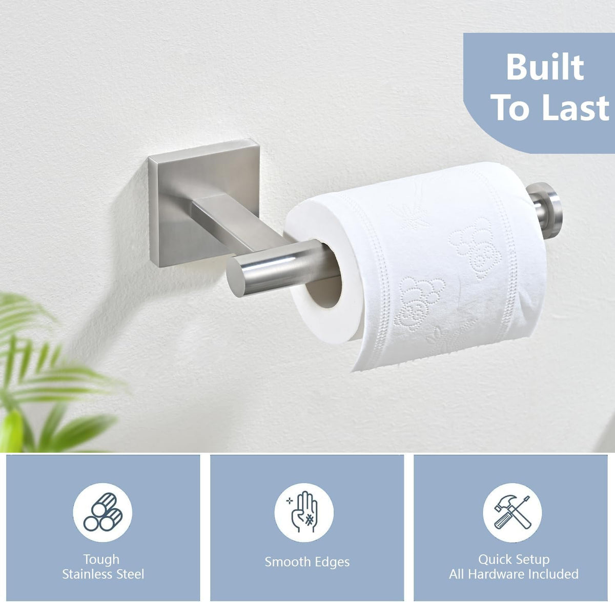 Toilet Paper Holder Set with 2 Robe Hooks, Brushed Nickel
