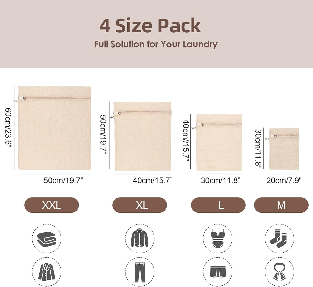 100% Cotton Mesh Laundry Bags, Premium Soft, No Dye, 4 Pcs, Natural