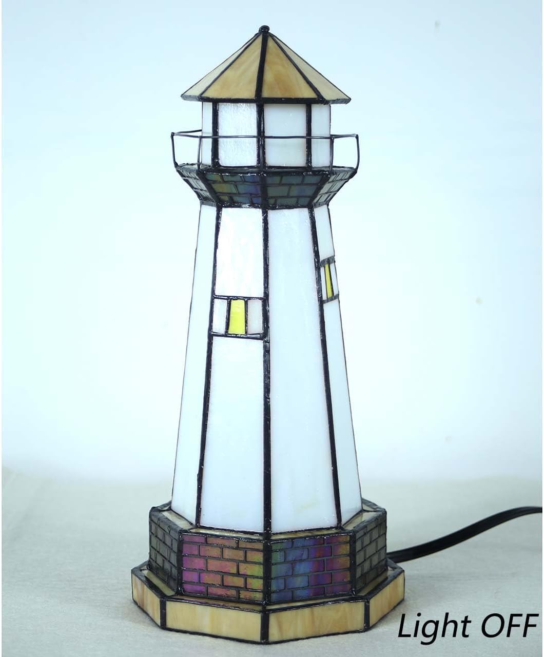 Bieye L10626 Lighthouse Tiffany Style Stained Glass Accent Table Lamp Night Light for Home Decoration (6x6x12, Orange)