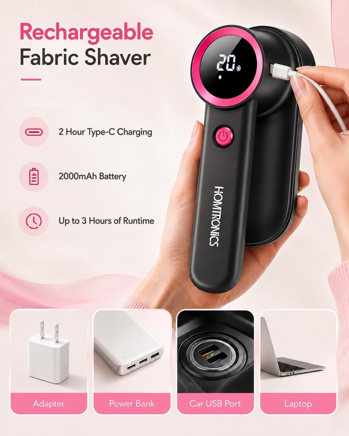 Rechargeable Fabric Shaver, Lint Shaver Built-in LED Light, 3 Extra Blades