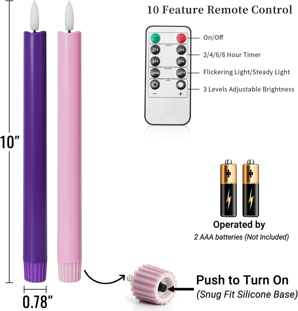 Stmarry Flameless Advent Candles, Set of 4 - Flickering LED Flame, 10 Inch Taper Candlesticks, Remote Controlled, Purple and Pink Color for Christmas Wreath