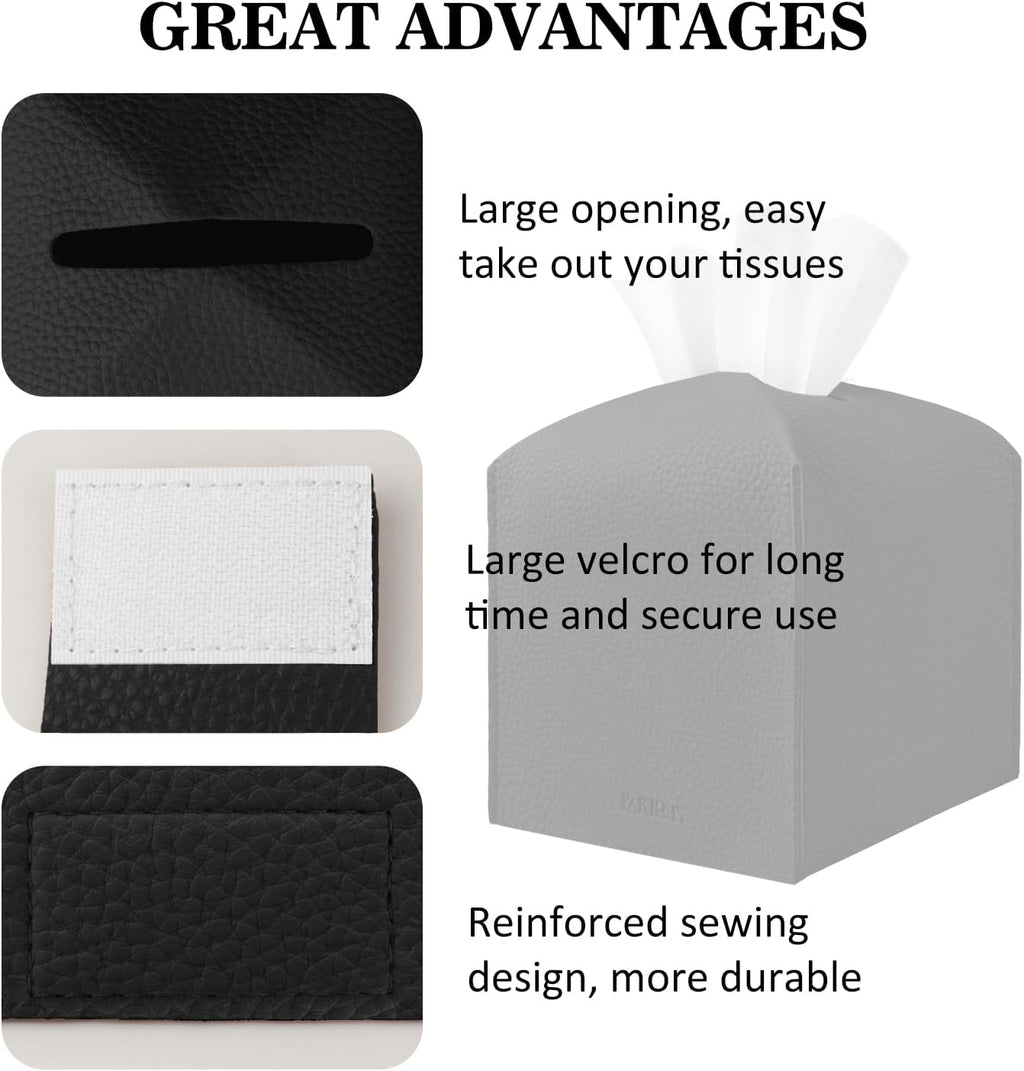 Tissue Box Cover Holder Square Tissue Cube Cover PU Leather Tissue Organizer with Bottom Belt for Bathroom, Tabletop, Car, Night Stands, Office, Home, Kitchen (2, Black)