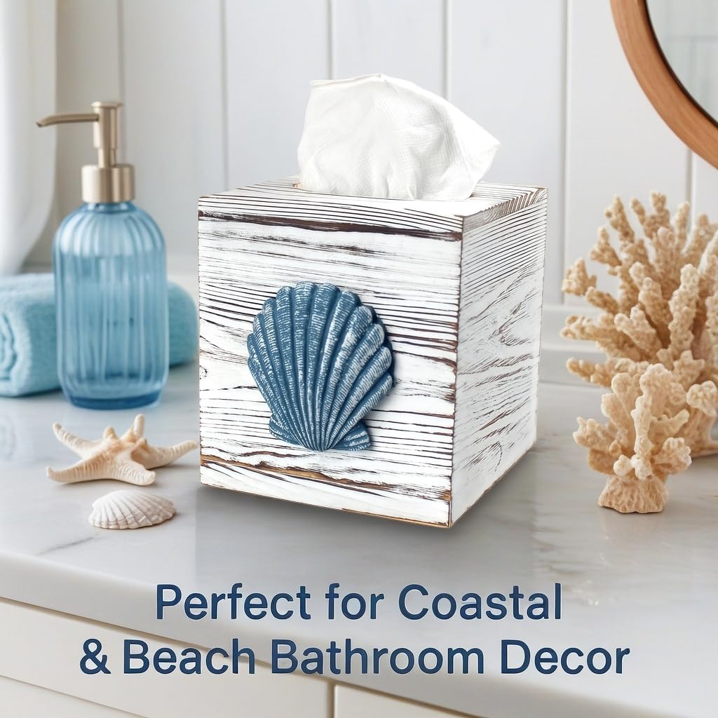 Coastal Tissue Box Cover Wooden Retro with Sliding Bottom Panel Beach Decor for Bathroom Bedroom Living Room,Seashell Decor Suitable for Coastal Gifts Beach House Gifts