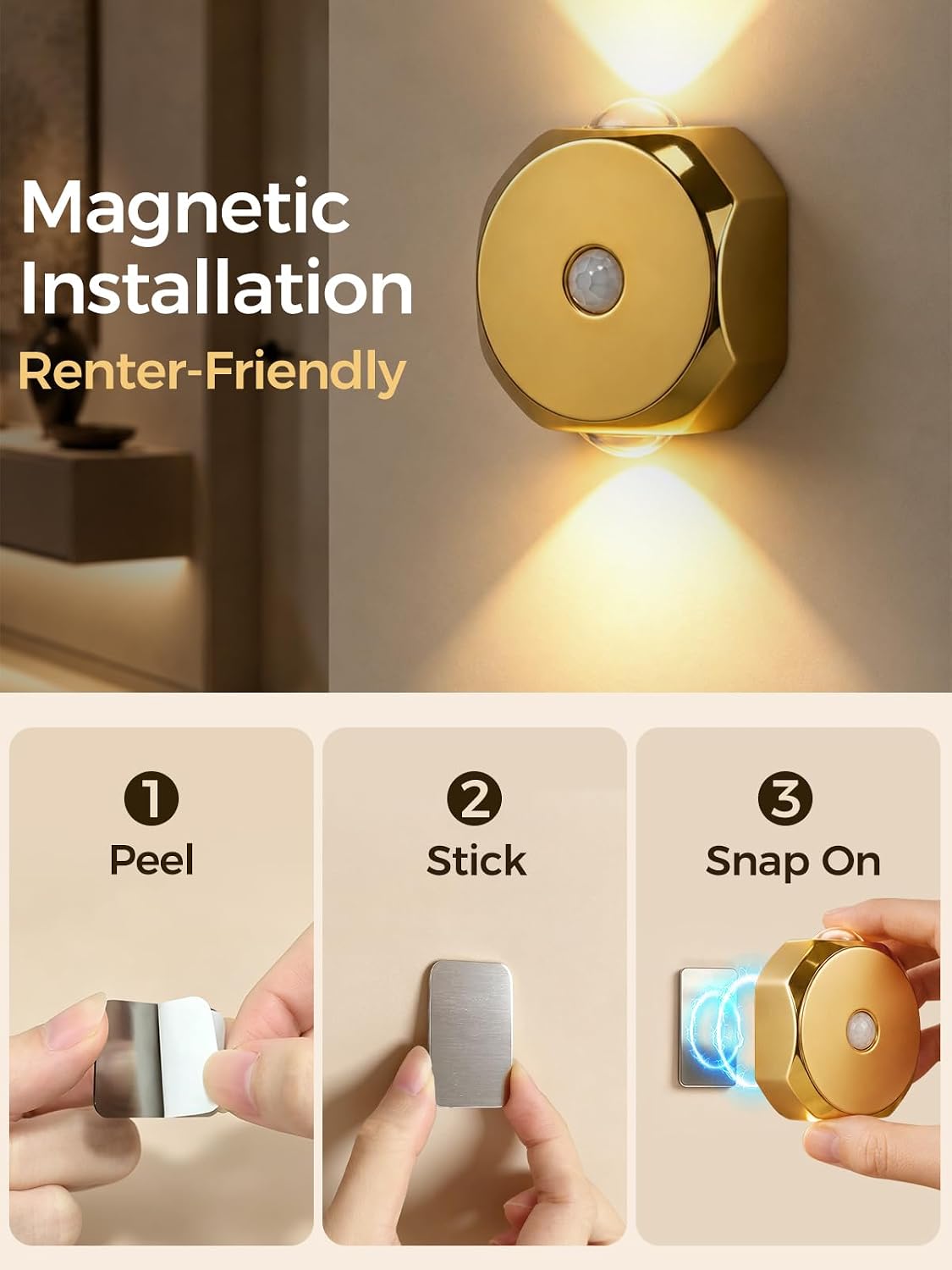 Motion Sensor Night Light for Hallway: No Tool Mount Magnetic Mount
