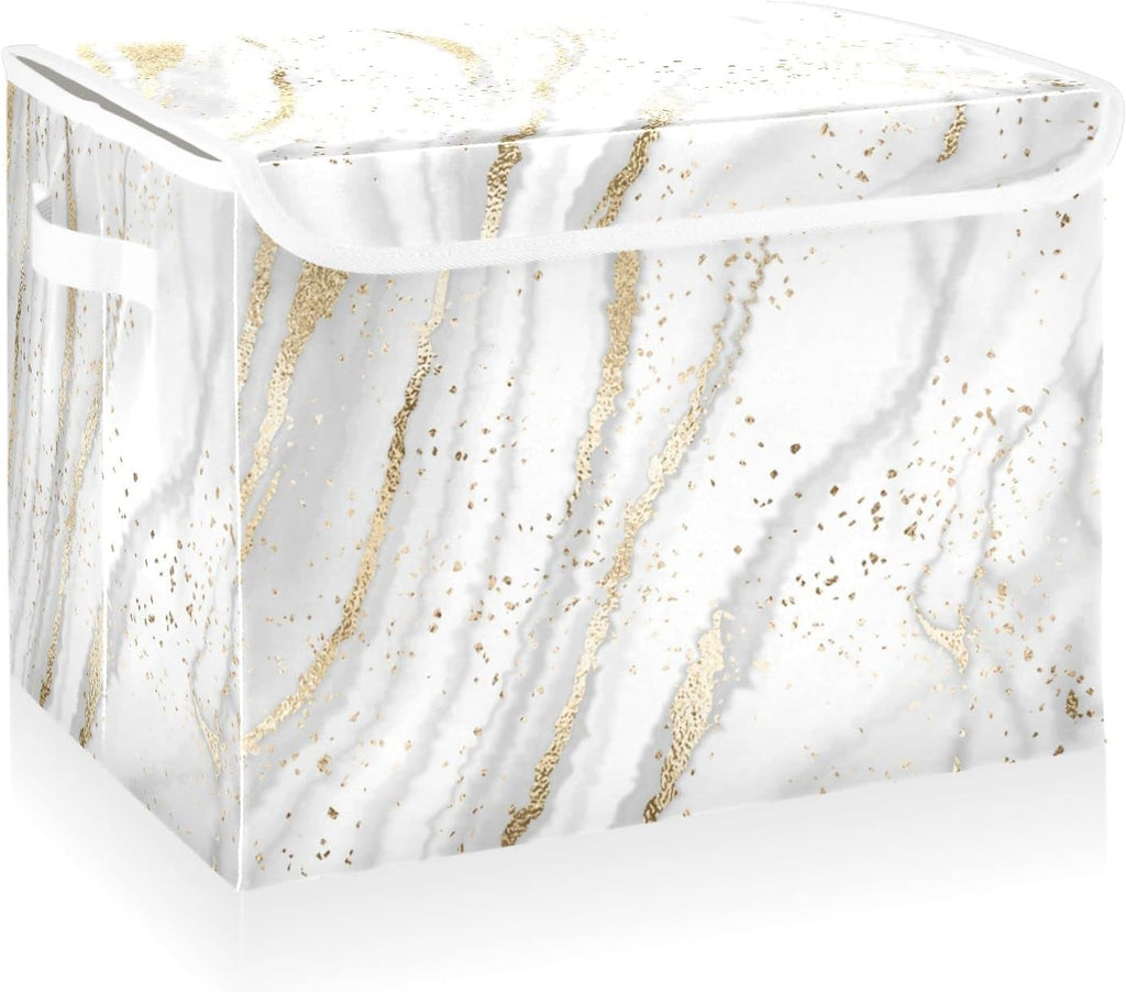 CaTaKu Large Fabric Storage Bins With Lids, Gold White Marble Storage Boxes With Handles for Organizing Clothes, Collapsible Storage Cube Bins Baskets for Shelves