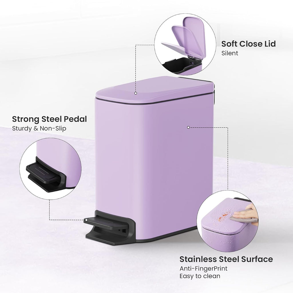 Cesun Small Bathroom Trash Can with Lid, 1.6 Gal, Soft Close, Purple