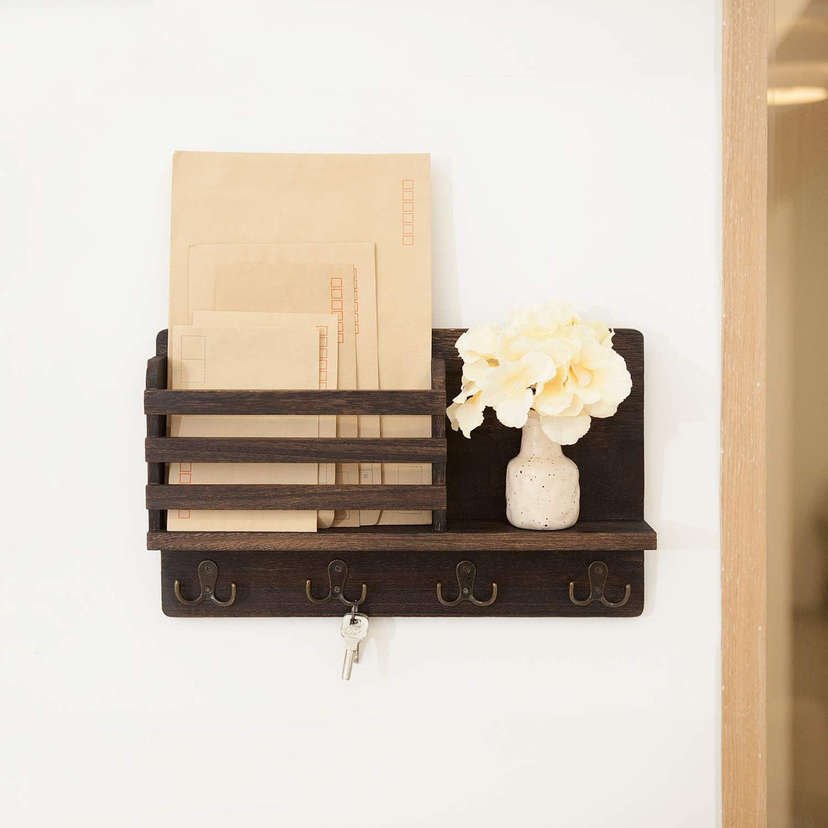 Dahey Key Mail Holder Wall Mounted Wooden Hanger with 4 Double Hooks, Brown