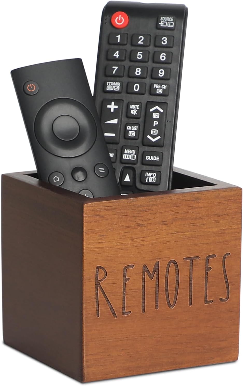 Remote Control Holder, Farmhouse Wood TV Organizer for Table, Wooden Remote Control Organizer, Remote Storage Caddy, Remote Control Organizer (Brown, 3.5 Inch-Labeled REMOTE)