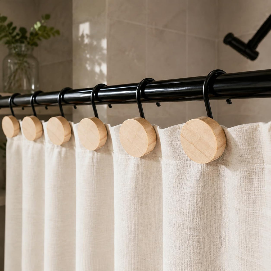 Wood Shower Curtain Hooks with Black Metal Rings, Set of 12 Decorative Hardware for Bathroom Rods