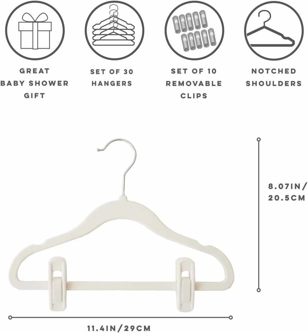 3 Sprouts Velvet Baby Hangers, Non Slip Slim, Cream, 30 Pack with 10 Clips