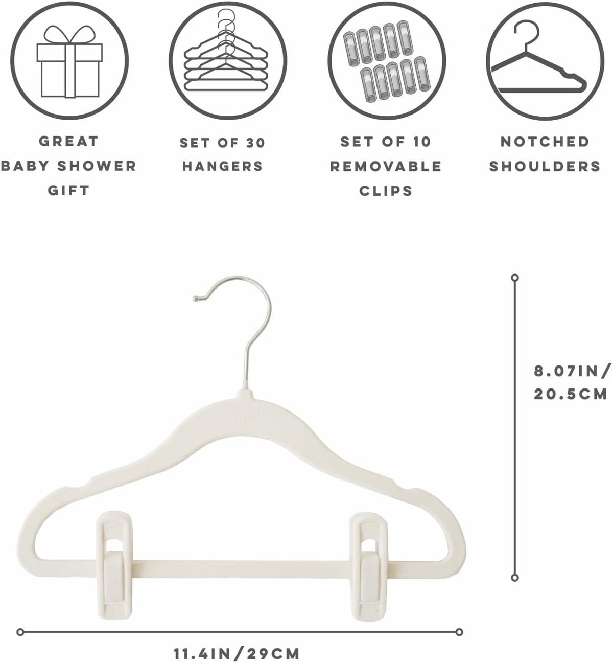 3 Sprouts Velvet Baby Hangers, Non Slip Slim, Cream, 30 Pack with 10 Clips