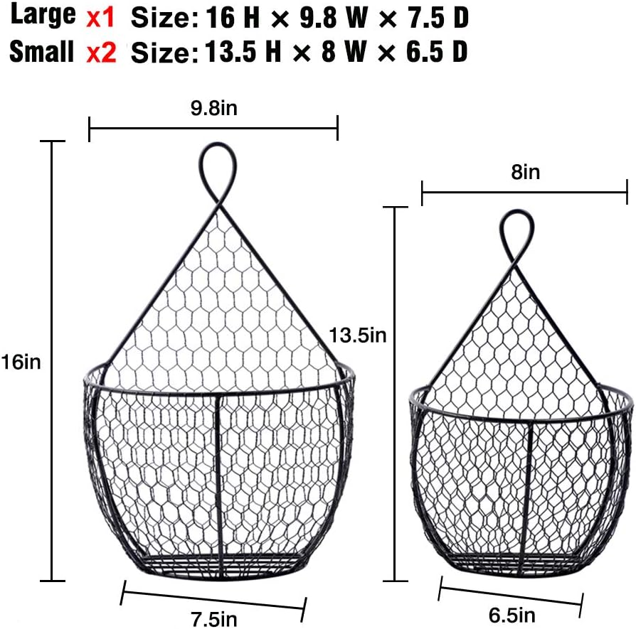 ERYTLLY Metal Fruit And Vegetable Storage Hanging Basket Wall Mounted, Hanging Basket For Kitchen Black Wire Baskets for Flowers, Fruits and Veggies - Set of 3