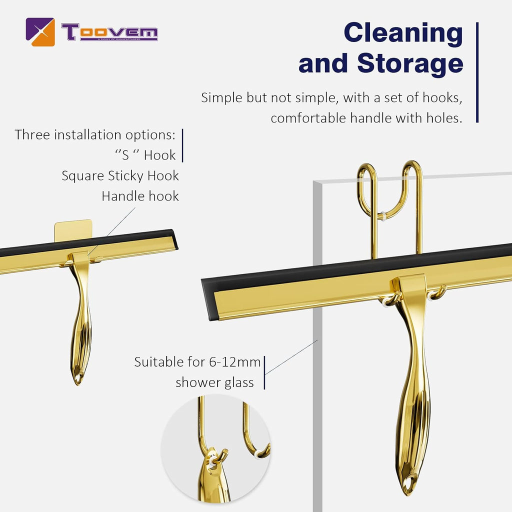 TOOVEM 12 Inch Shower Squeegee for Glass Doors, Window, Bathroom (Gold)