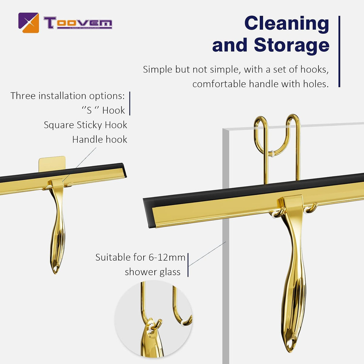 TOOVEM 12 Inch Shower Squeegee for Glass Doors, Window, Bathroom (Gold)