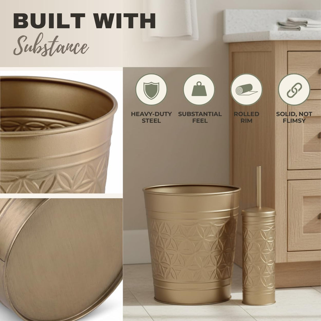 Autumn Alley Farmhouse Antique Gold Bathroom Accessories Set – Includes Gold Bathroom Trash Can & Toilet Brush with Holder, Handcrafted Modern Waste Bin & Standing Toilet Brush, Embossed Metal Décor