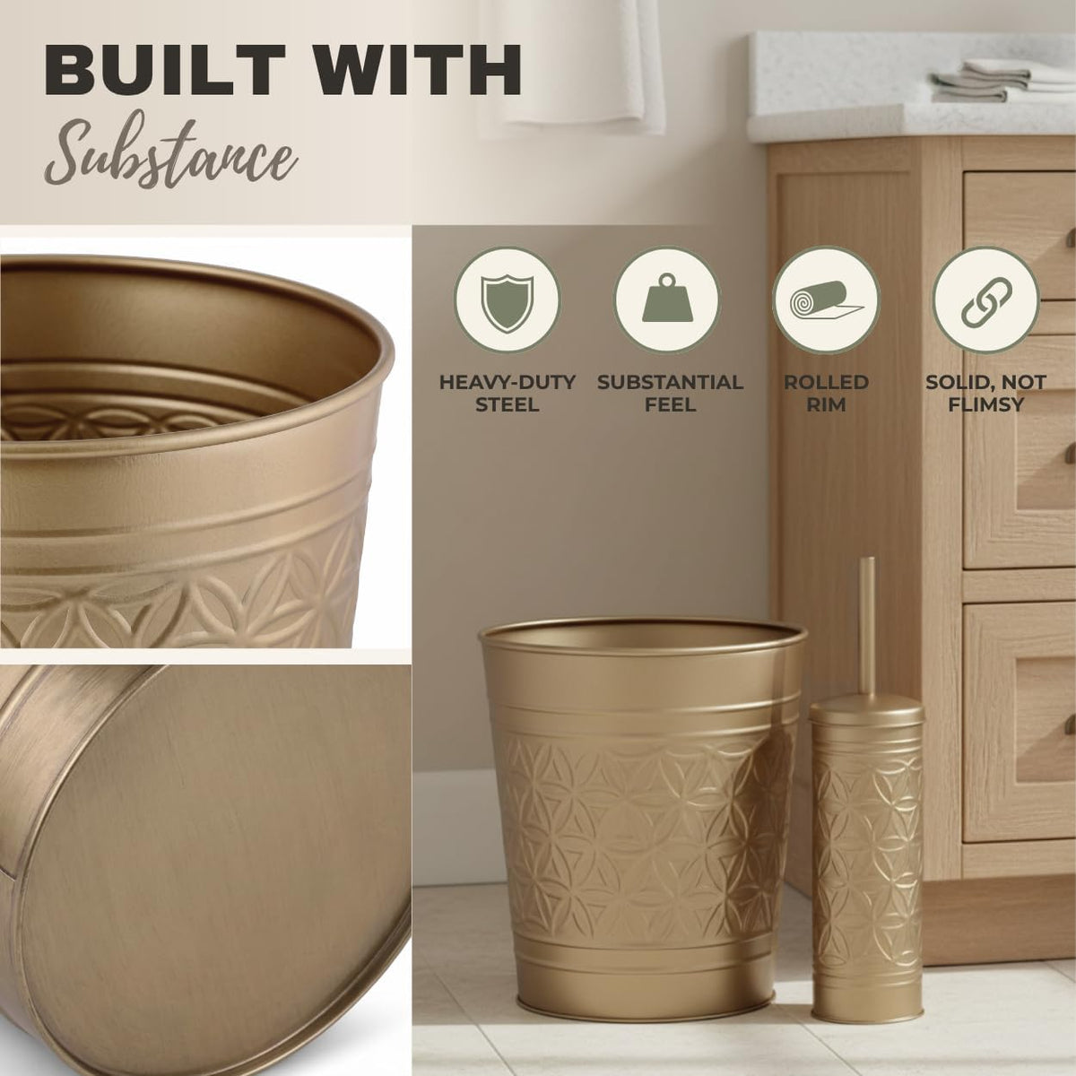 Autumn Alley Farmhouse Antique Gold Bathroom Accessories Set – Includes Gold Bathroom Trash Can & Toilet Brush with Holder, Handcrafted Modern Waste Bin & Standing Toilet Brush, Embossed Metal Décor