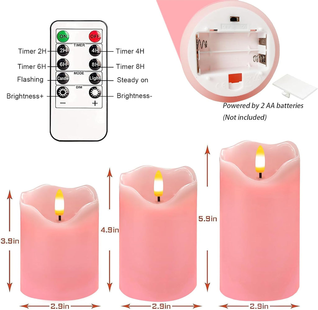 VEEKI Pink Flameless Candles Set of 3, Pastel Candles with Remote & Timer