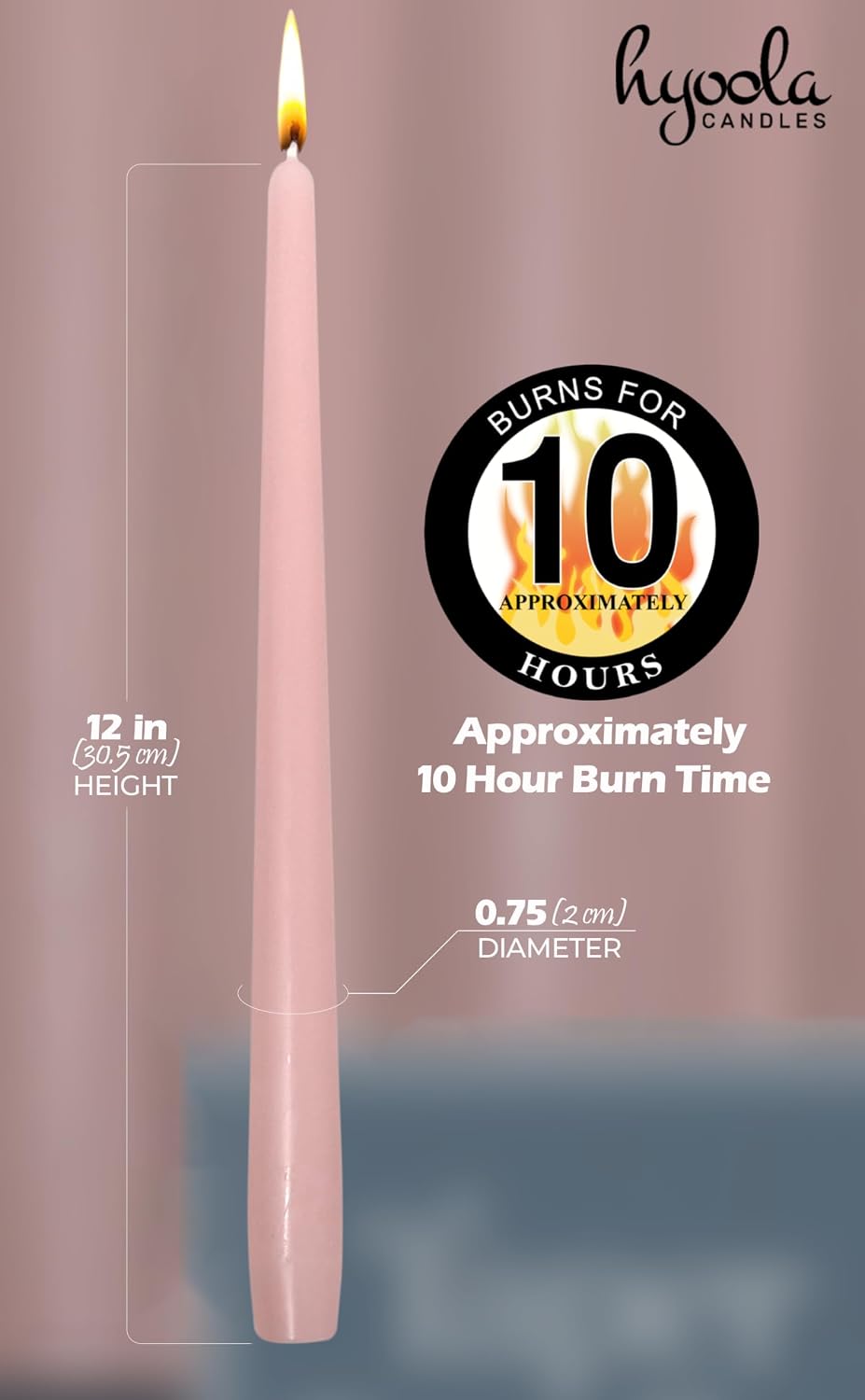 Hyoola Tall Taper Candles - 12 Inch Light Pink Unscented Dripless Taper Candles - 10 Hour Burn Time - 12 Pack