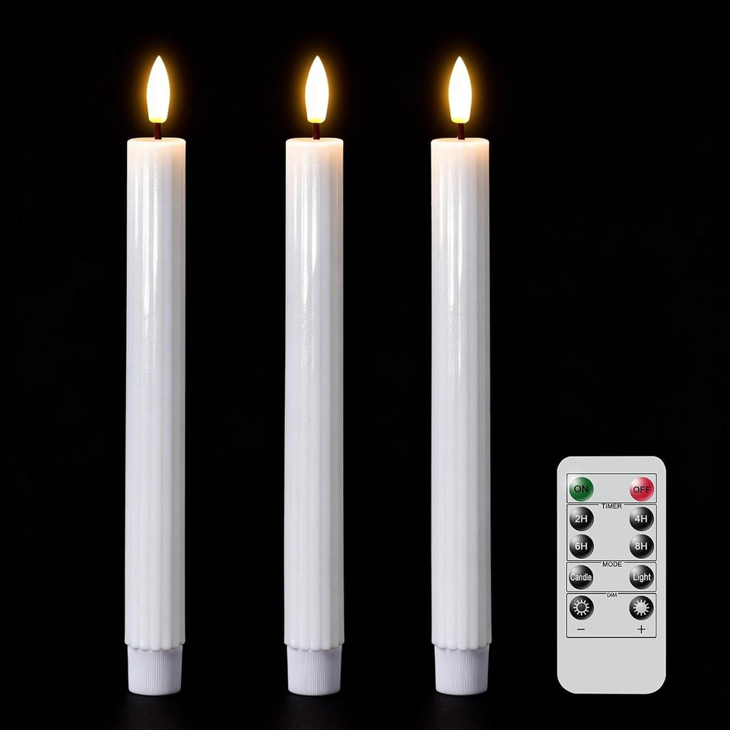 White Flameless Taper Candles Battery Operated with Remote Timer